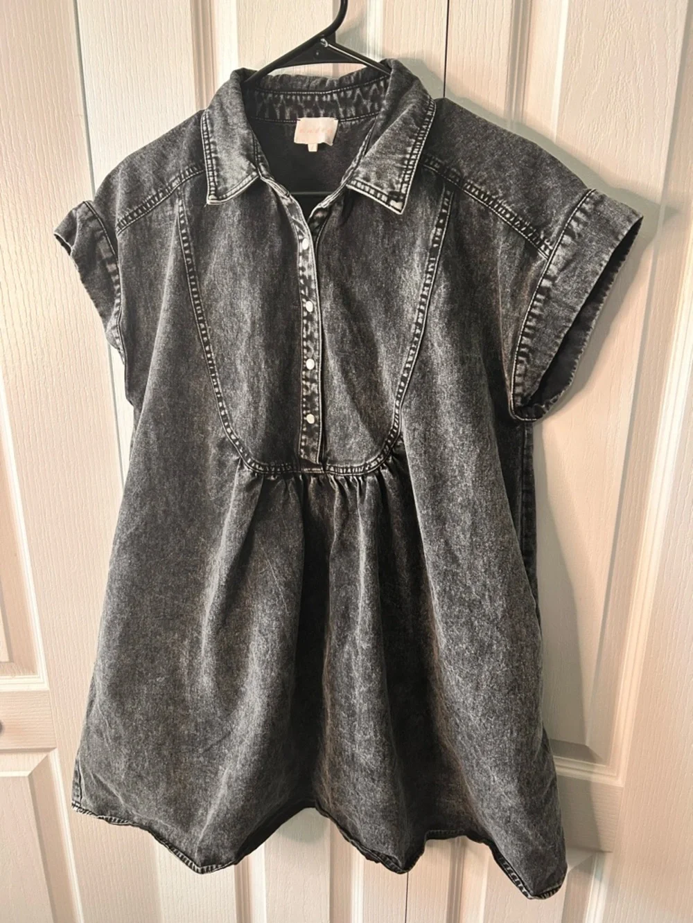 Entro Women’s Washed Black Short Sleeve Collared Button Denim Shirt Dress Size L - Picture 3 of 9